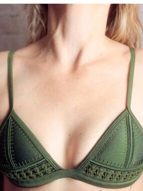 Triangl brand neoprene triangle swimsuit top olive green crochet trim detail